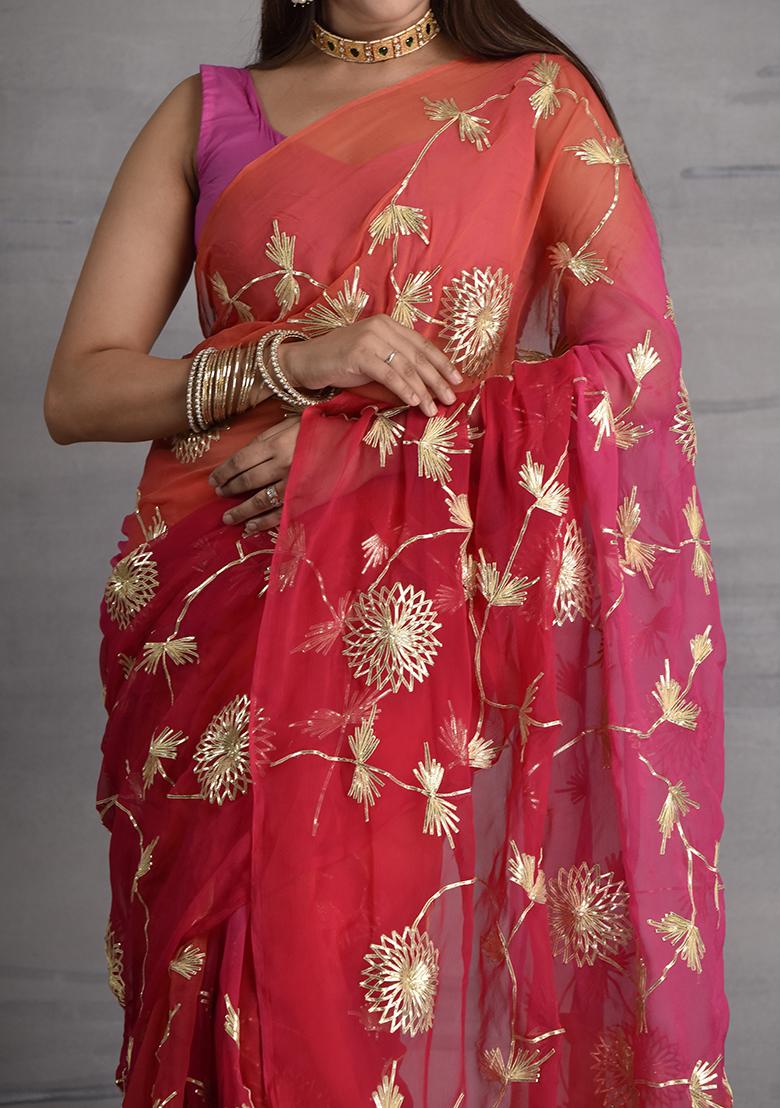 Pink Embellished Chiffon Saree Set