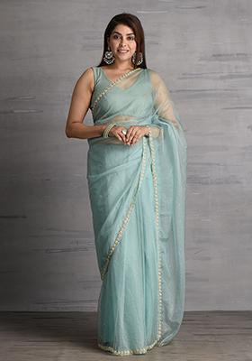 Aqua Blue Pearl Embroidered Organza Saree Set