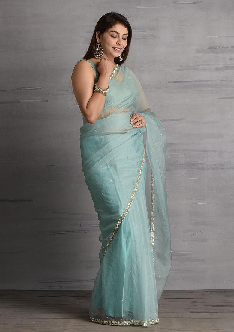 Aqua Blue Pearl Embroidered Organza Saree Set