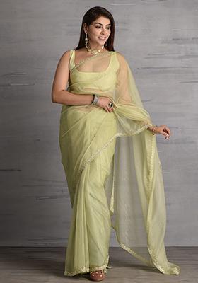 Pista Green Pearl Embroidered Organza Saree Set