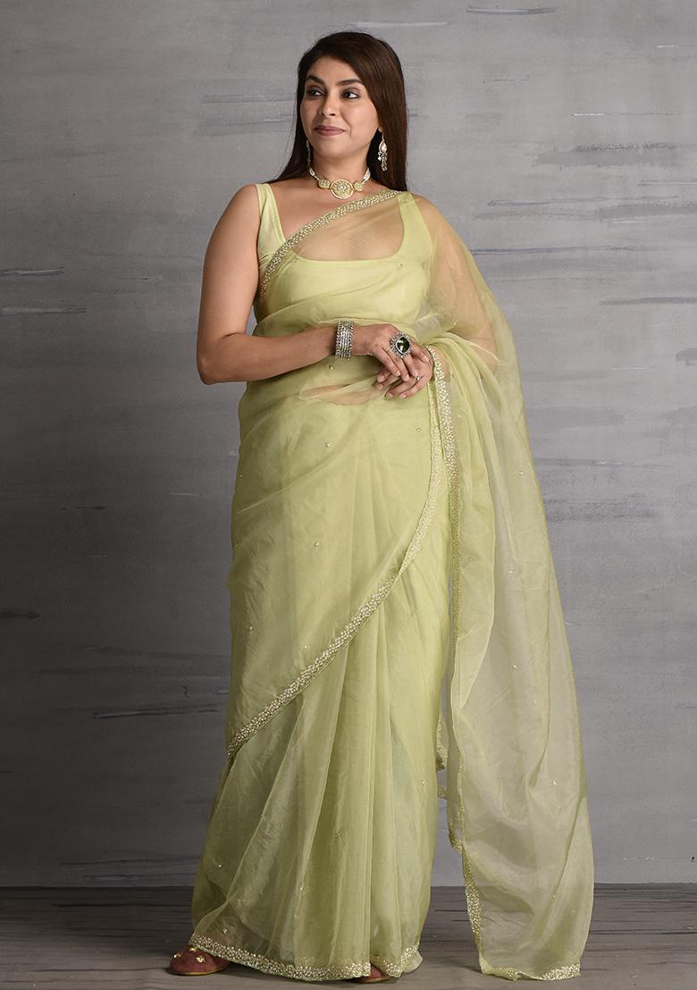 Pista Green Pearl Embroidered Organza Saree Set
