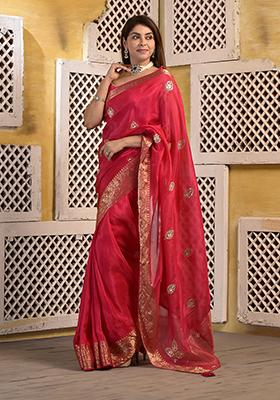 Pink Zari Embroidered Silk Saree Set