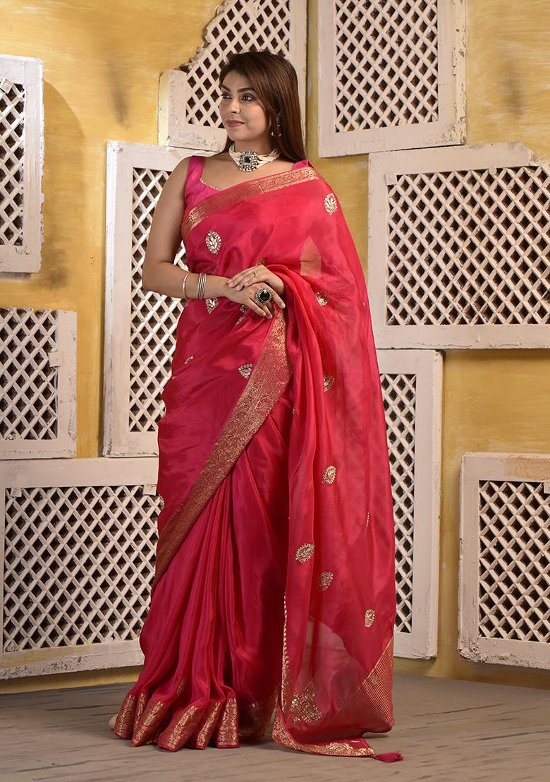 Pink Zari Embroidered Silk Saree Set