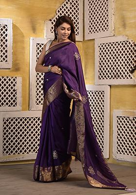 Purple Zari Embroidered Silk Saree Set