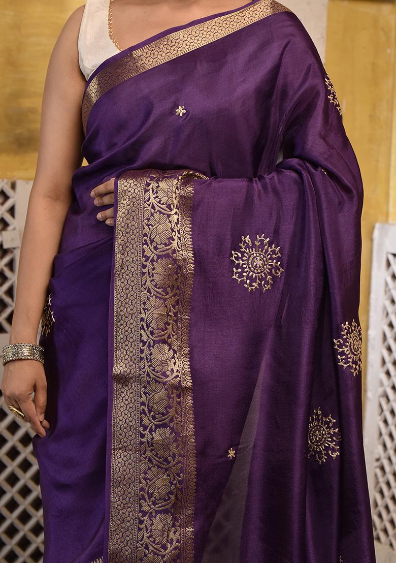 Purple Zari Embroidered Silk Saree Set