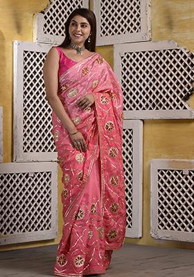 Pink Hand Embroidered Silk Saree Set