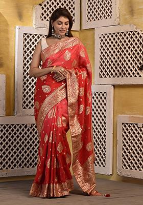 Red Zari Embroidered Silk Saree Set