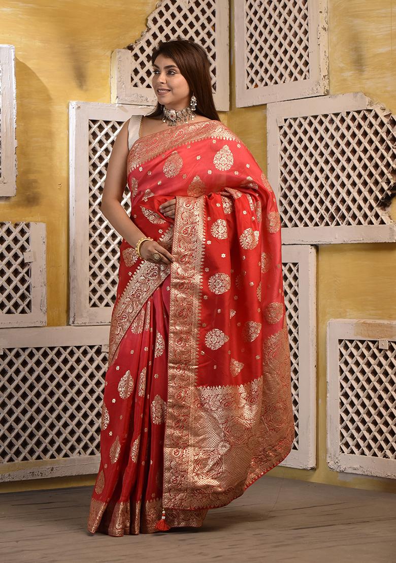 Red Zari Embroidered Silk Saree Set