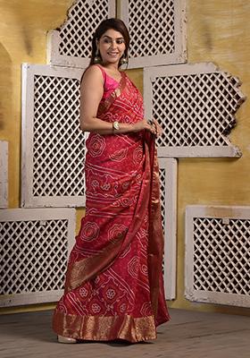 Pink Zari Embroidered Silk Saree Set