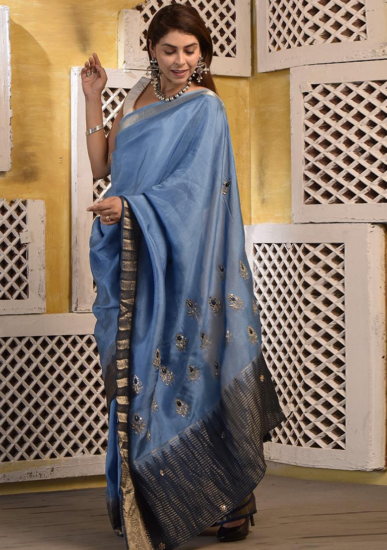 Blue Hand Embroidered Organza Saree Set
