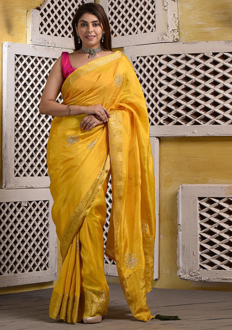 Mustard Embellished Silk Saree Set
