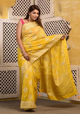 Yellow Embellished Silk Saree Set