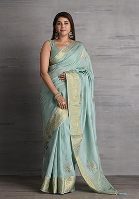 Blue Embellished Silk Saree Set