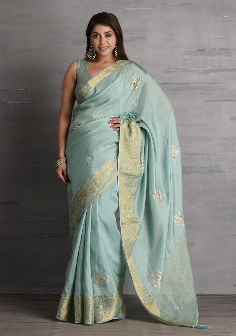 Blue Embellished Silk Saree Set