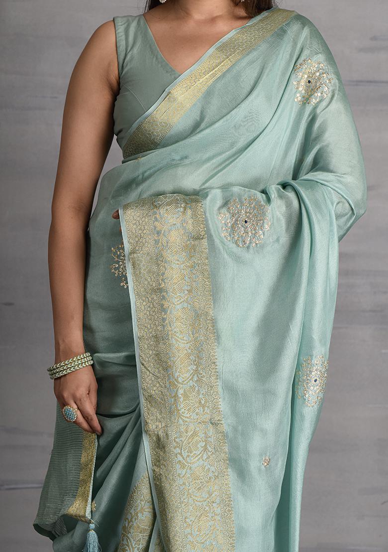 Blue Embellished Silk Saree Set