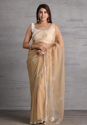 Beige Gota Patti Organza Saree Set