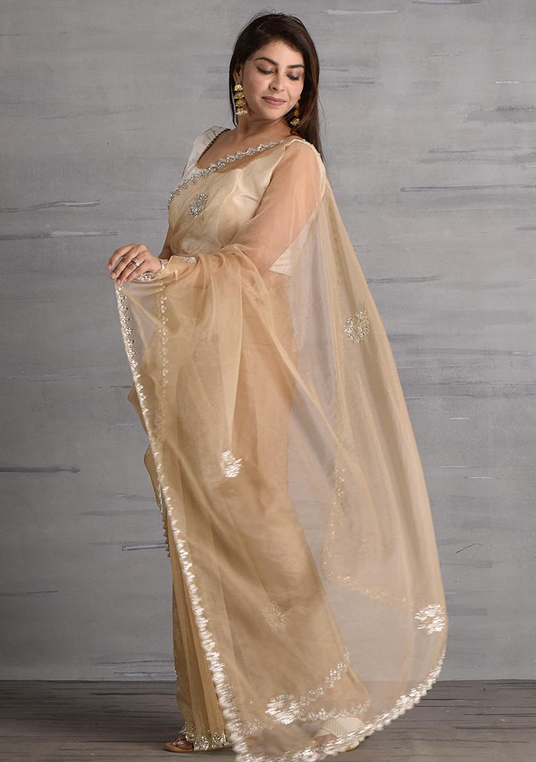 Beige Gota Patti Organza Saree Set