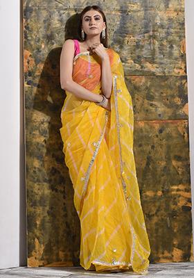 Yellow Gota Patti Organza Saree Set
