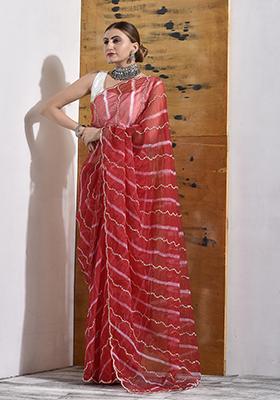 Red Embellished Organza Saree Set