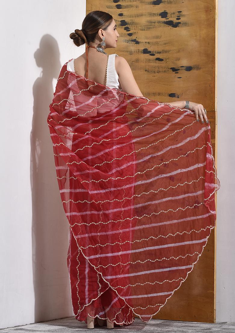 Red Embellished Organza Saree Set