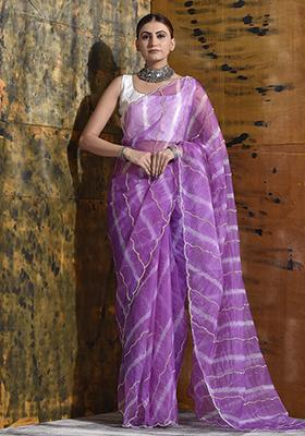 Purple Embellished Organza Saree Set