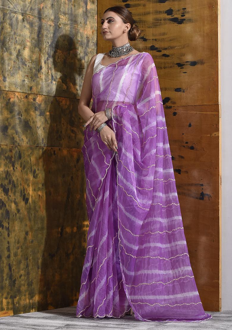 Purple Embellished Organza Saree Set
