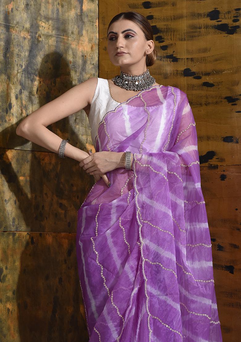 Purple Embellished Organza Saree Set