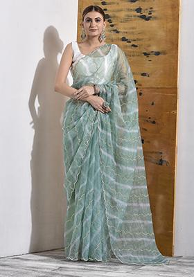 Green Embellished Organza Saree Set
