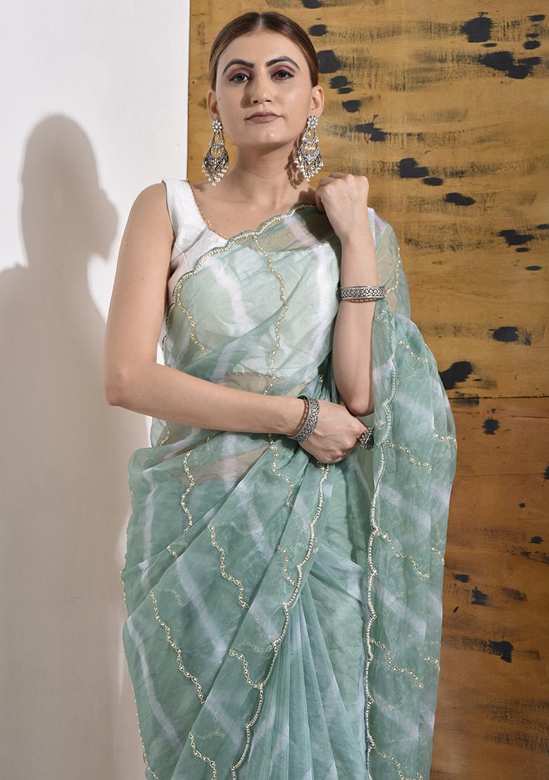 Green Embellished Organza Saree Set