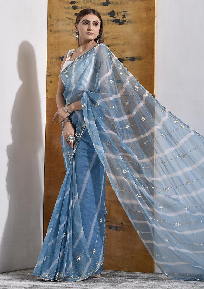 Blue Pearl Embroidered Organza Saree Set