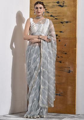 Grey Pearl Embroidered Organza Saree Set