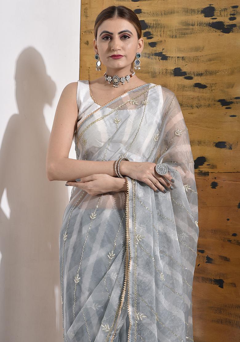 Grey Pearl Embroidered Organza Saree Set