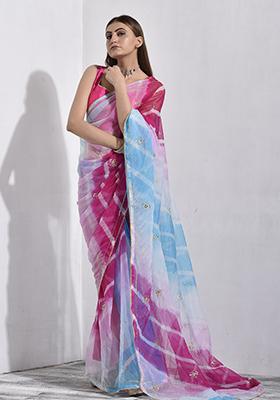 Multicolor Pearl Embroidered Organza Saree Set