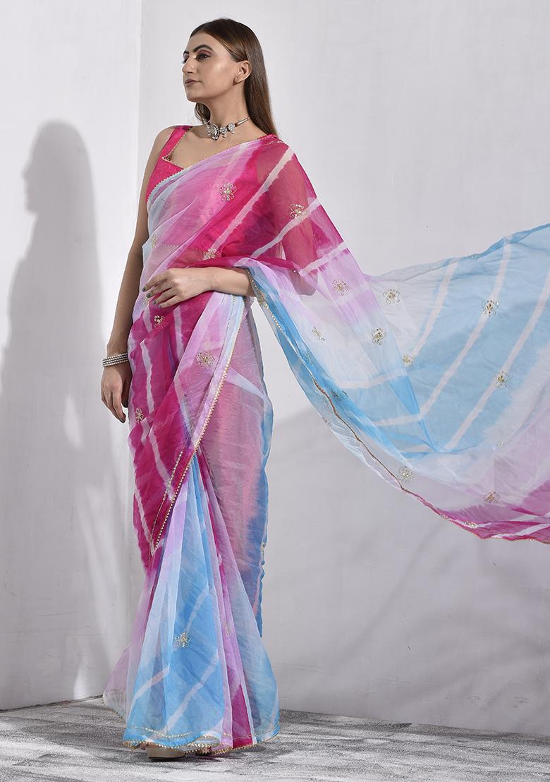 Multicolor Pearl Embroidered Organza Saree Set