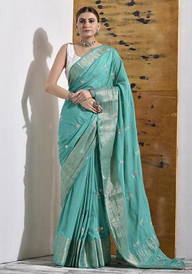 Teal Blue Hand Embroidered Modal Saree Set