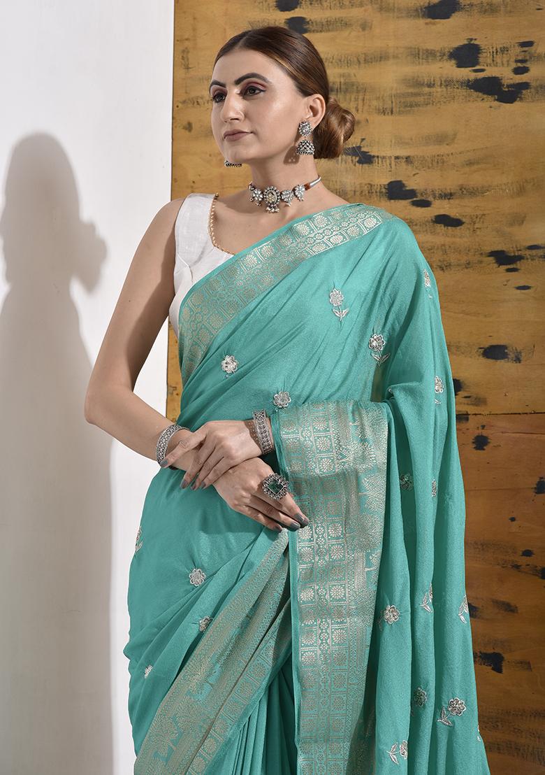 Teal Blue Hand Embroidered Modal Saree Set
