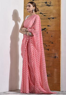 Peach Leheriya Print Chiffon Saree Set