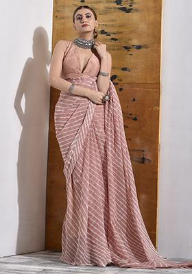 Taupe Leheriya Print Chiffon Saree Set