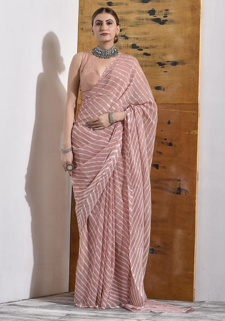 Taupe Leheriya Print Chiffon Saree Set