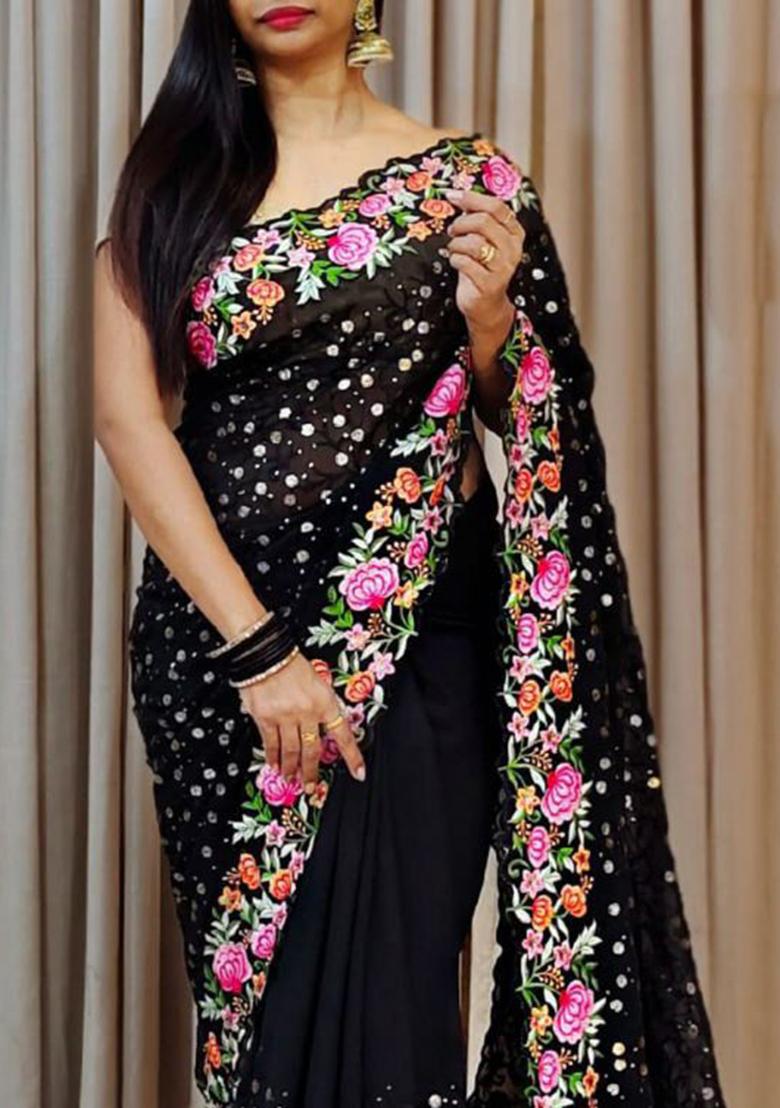 Black Sequin Embroidered Georgette Saree Set