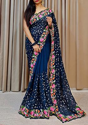 Teal Sequin Embroidered Georgette Saree Set