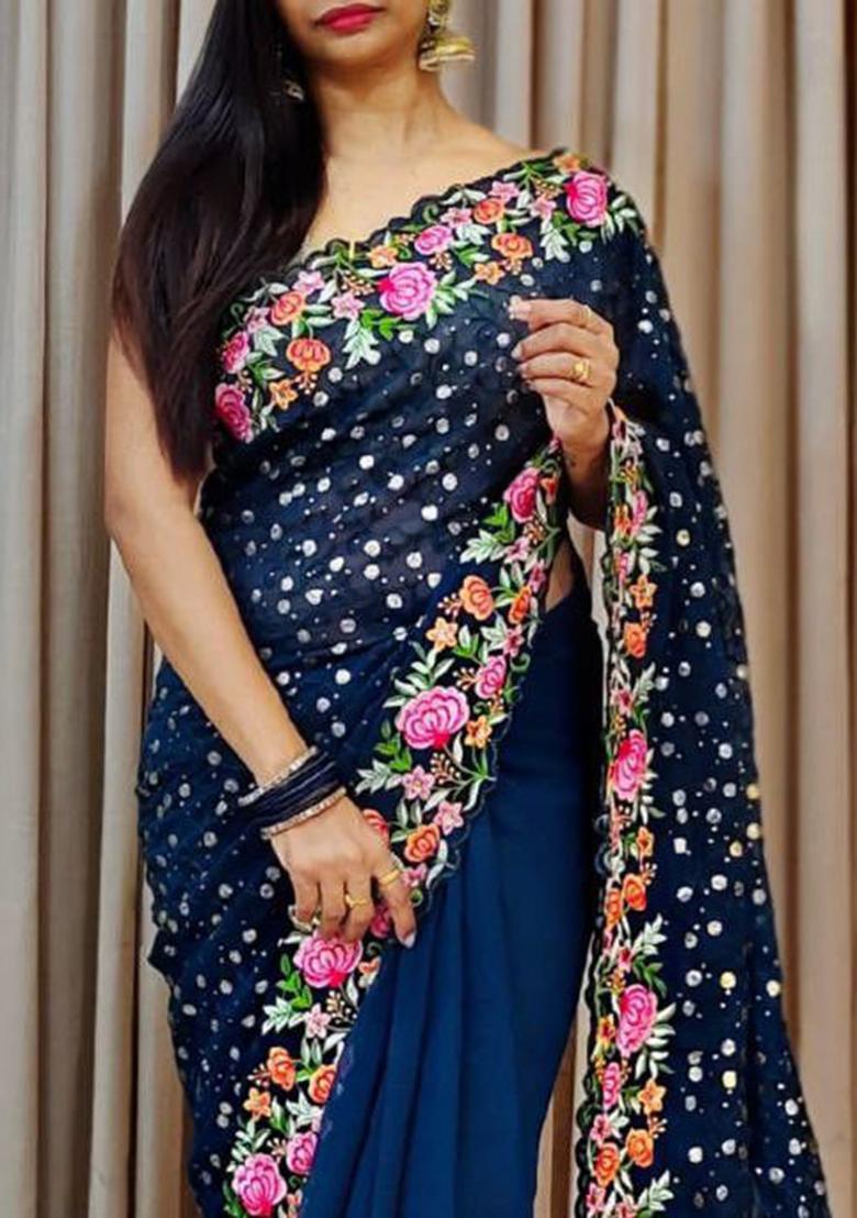 Teal Sequin Embroidered Georgette Saree Set