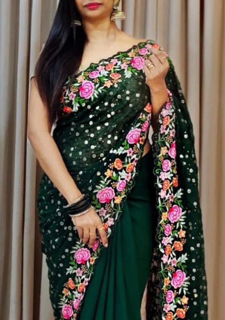 Green Sequin Embroidered Georgette Saree Set