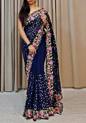 Blue Sequin Embroidered Georgette Saree Set