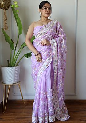 Lavender Embroidered Organza Saree Set