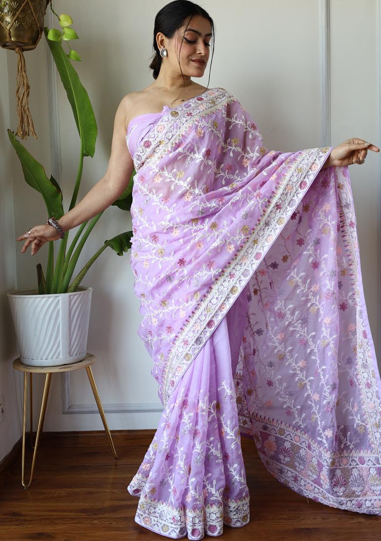 Lavender Embroidered Organza Saree Set