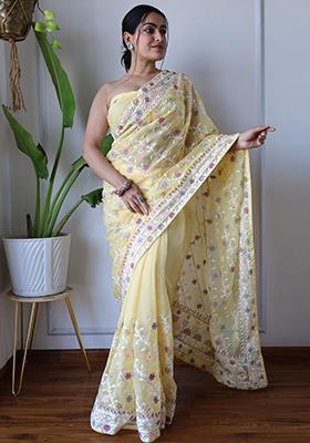 Yellow Embroidered Organza Saree Set
