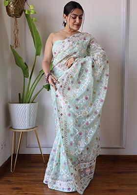 Pista Green Embroidered Organza Saree Set