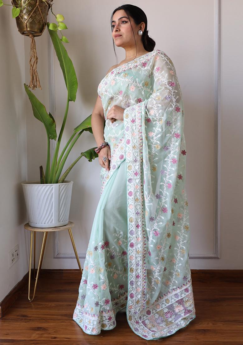 Pista Green Embroidered Organza Saree Set