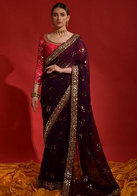 Wine Sequin Embroidered Georgette Saree Set